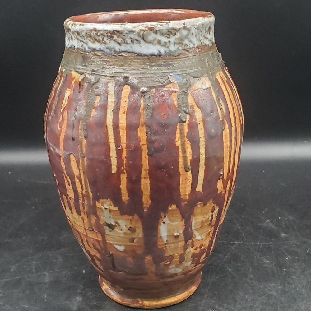 Vintage Studio Pottery Vase Brown Drip Glaze Ribbed Hand Thrown Stoneware